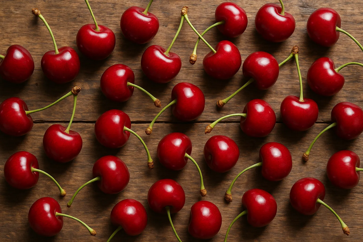Fresh cherries on rustic wooden table - 63 calories per 100g