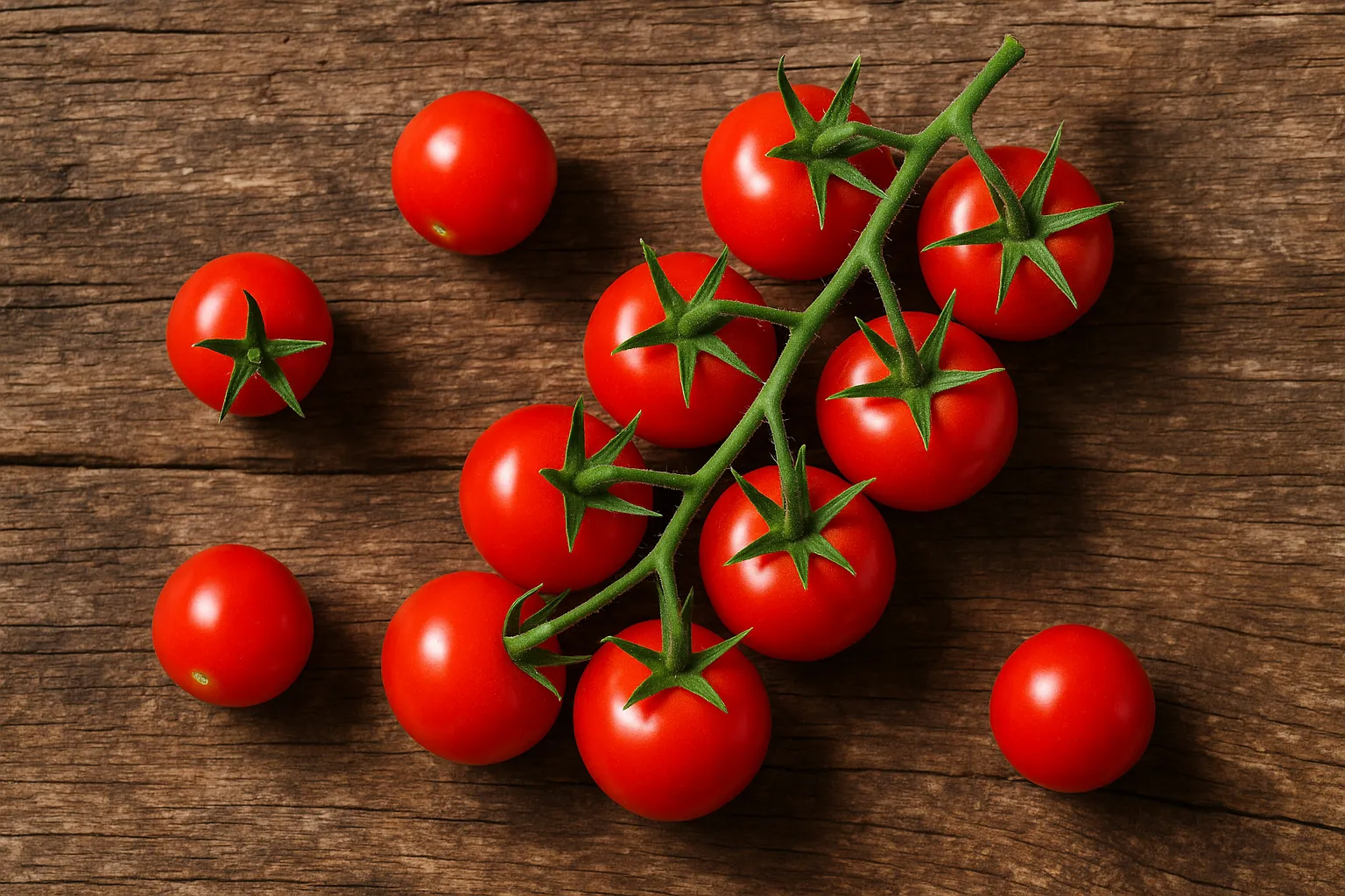 Tomates cherry frescos sobre mesa de madera rústica - 18 calorías por 100g