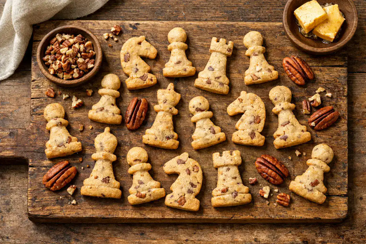 Fresh brown butter pecan cookies on rustic wooden table - 130 calories per 2 cookies