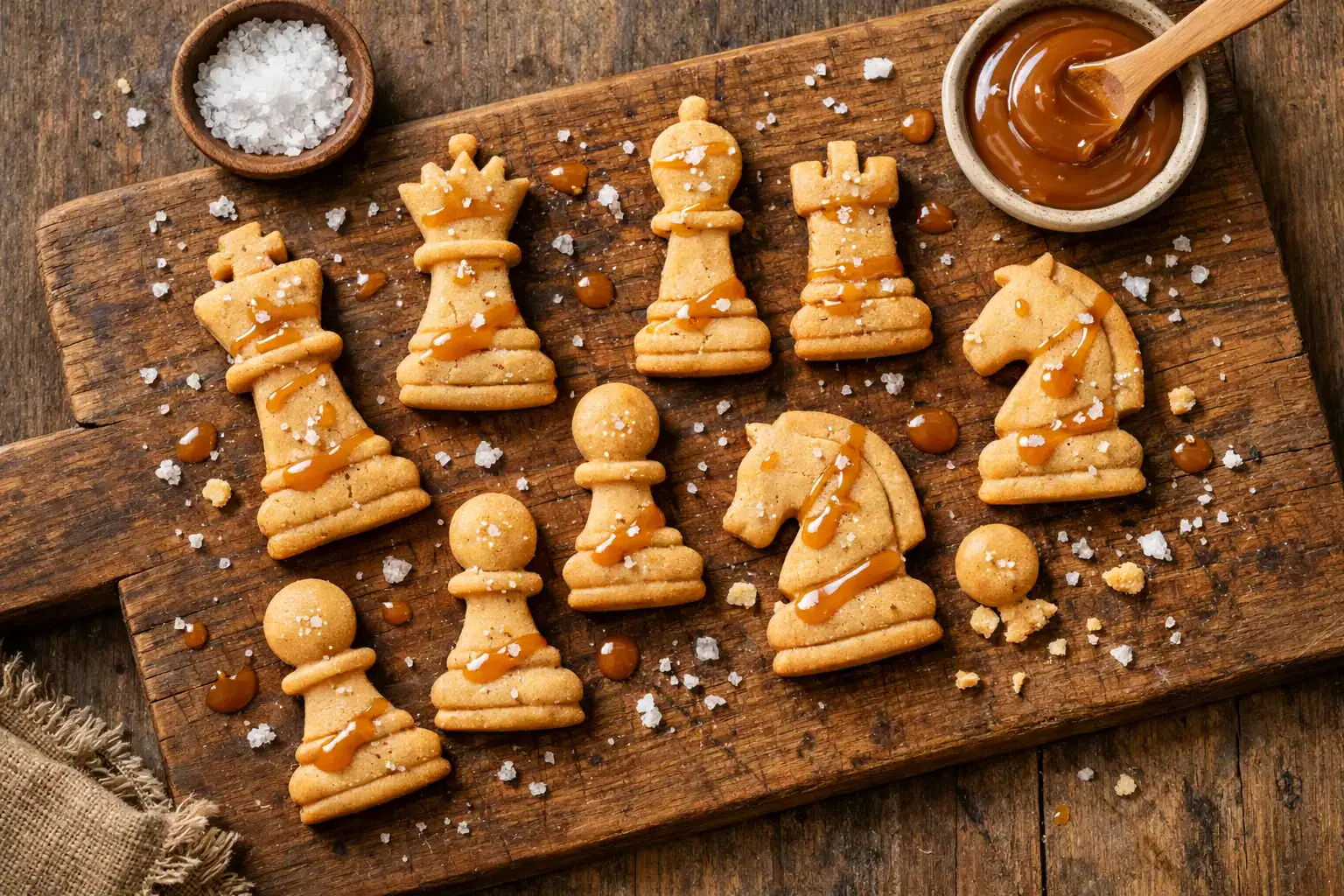 Chessmen Salted Caramel cookies on rustic wooden table - 120 calories per 2 cookies