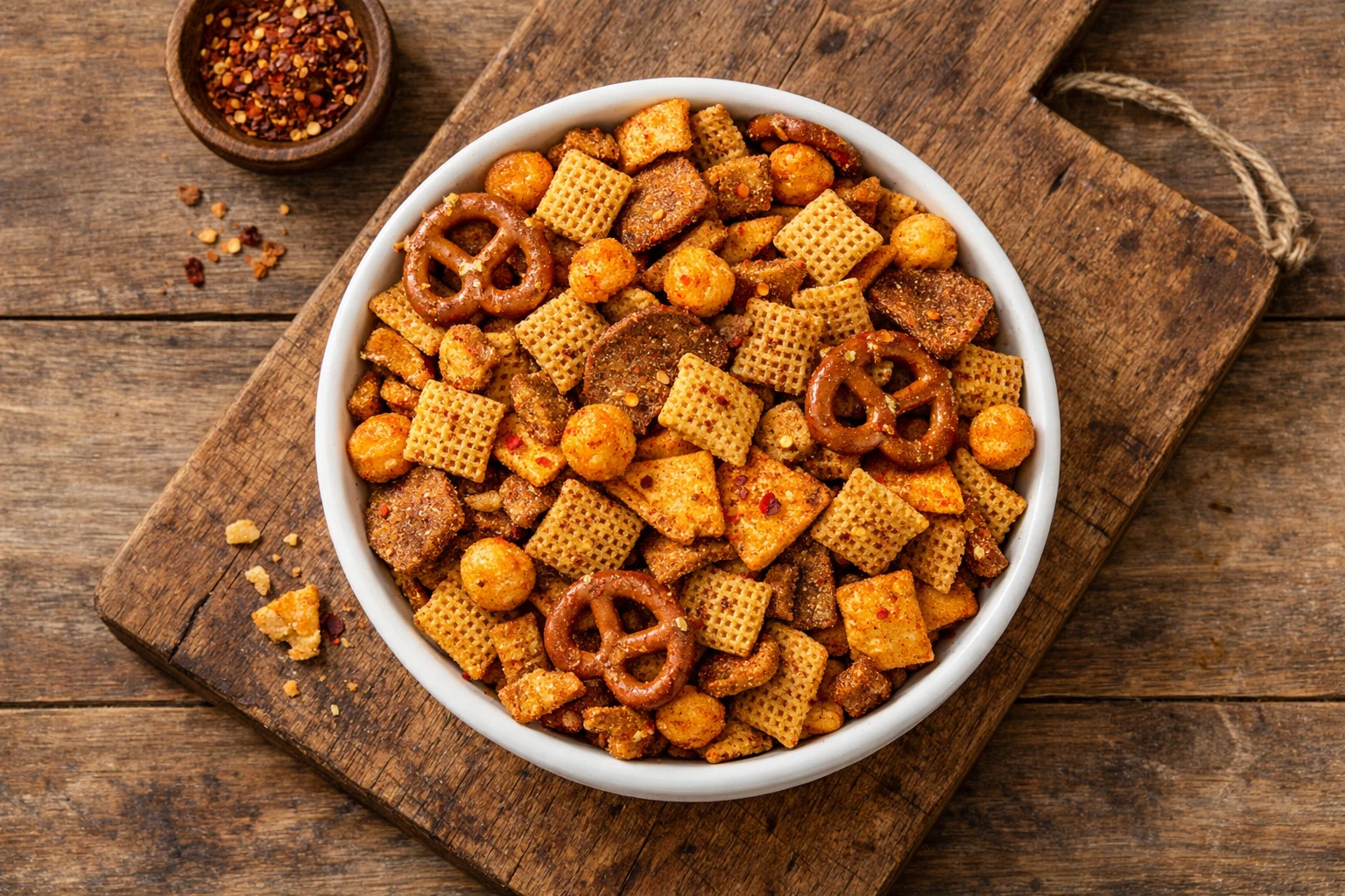 Fresh chex mix hot spicy on rustic wooden table - 150 calories per 1/2 cup