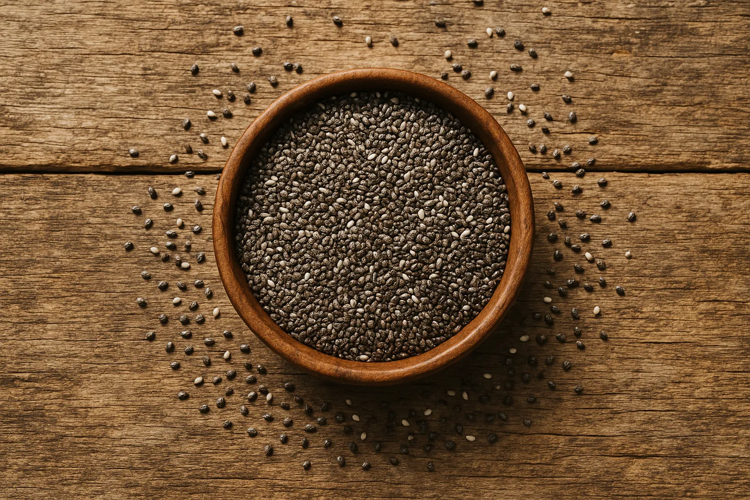 Fresh chia seeds on rustic wooden table - 138 calories per 2 tablespoons
