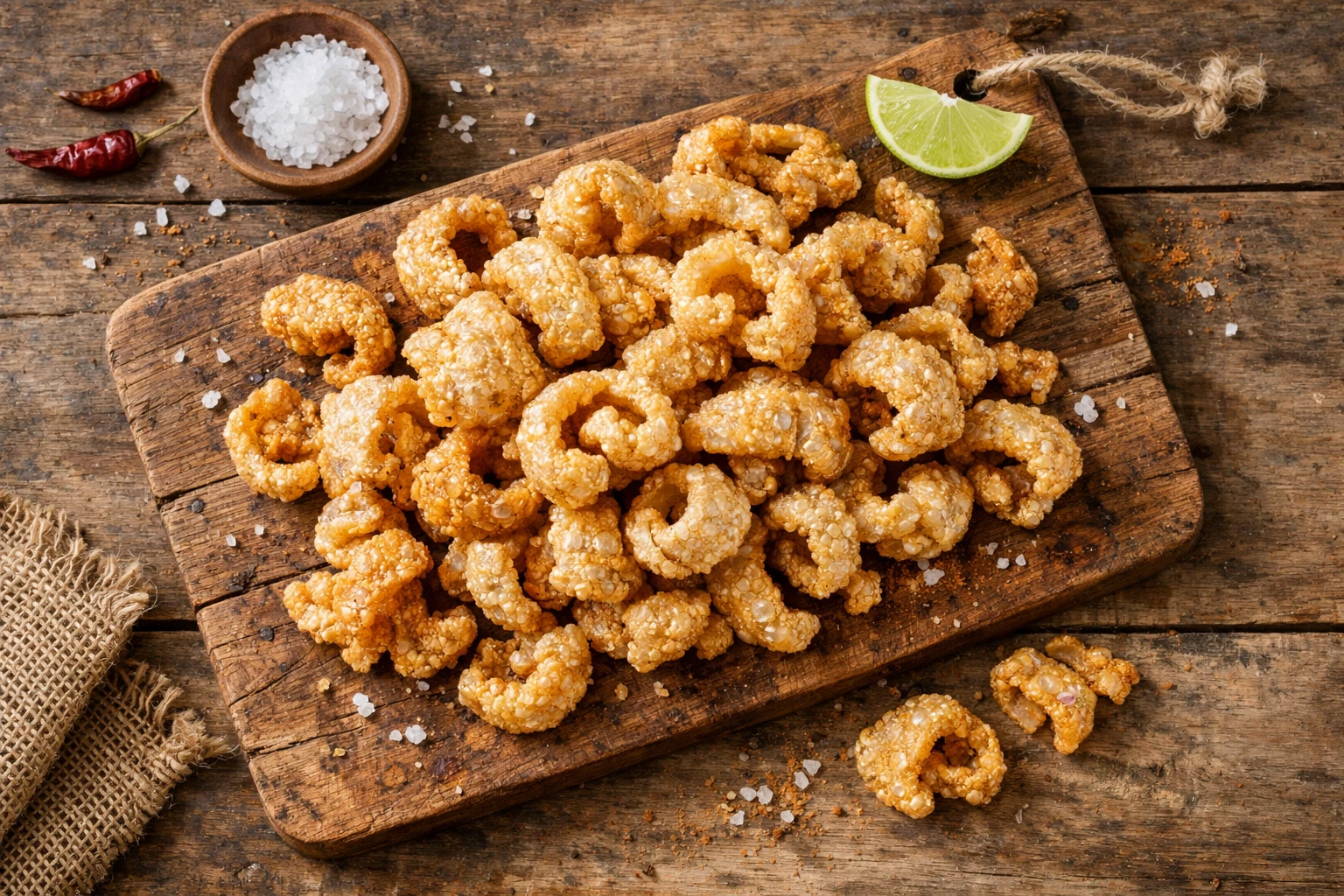 Fresh chicharrones fried pork rinds on rustic wooden table - 544 calories per 100g