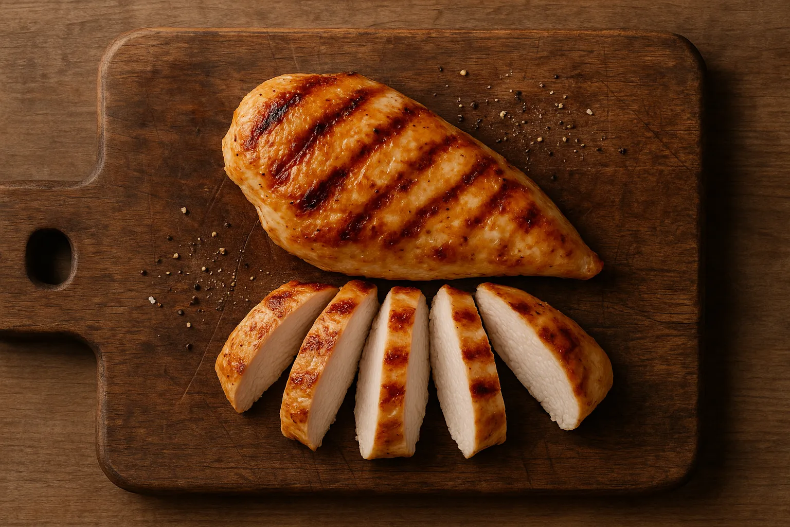 Fresh grilled chicken breast on rustic wooden table - 165 calories per 100g