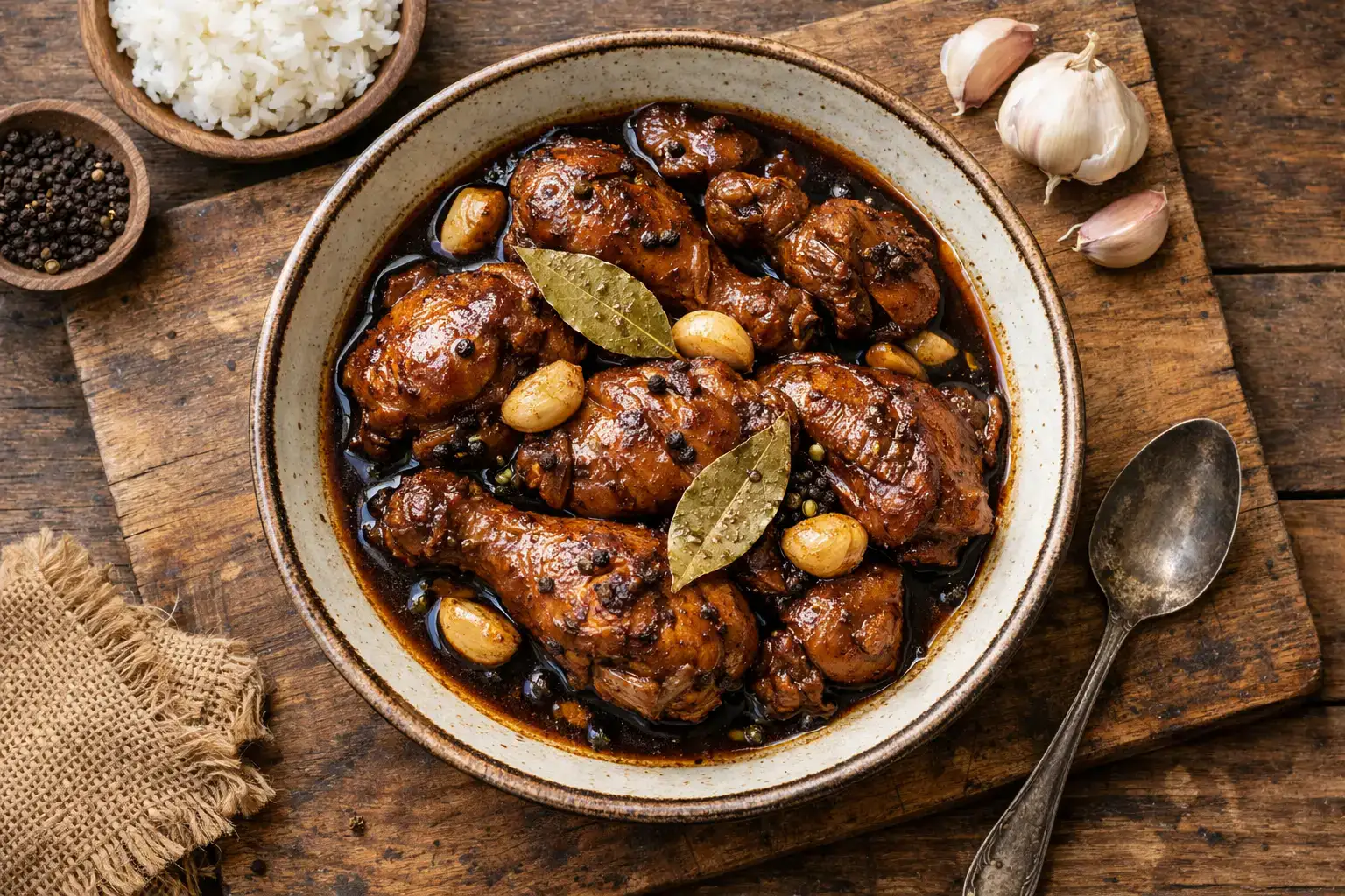 ताजा चिकन एडोबो रस्टिक लकड़ी की टेबल पर - 200g सर्विंग में 300 कैलोरी