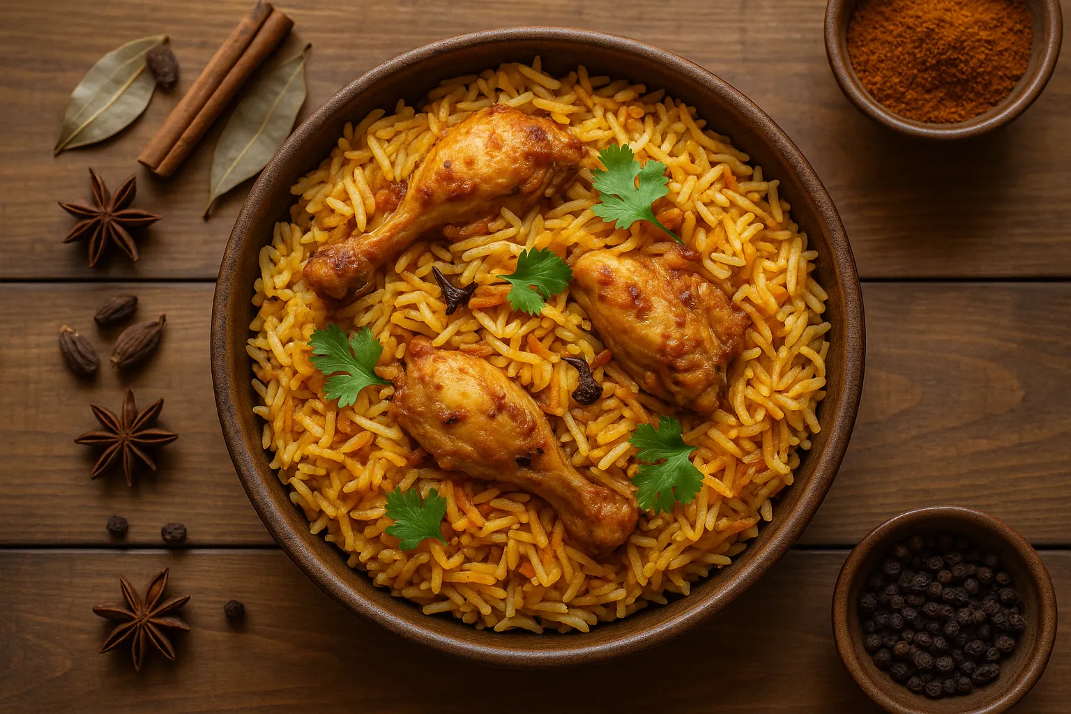 लकड़ी की rustic table पर ताज़ी चिकन बिरयानी - प्रति कप 290 कैलोरी