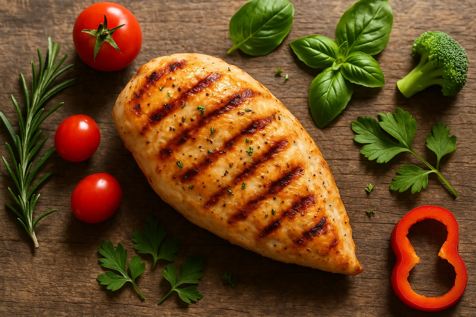 Frische gegrillte Hähnchenbrust auf rustikalem Holztisch - 165 Kalorien pro 100 g