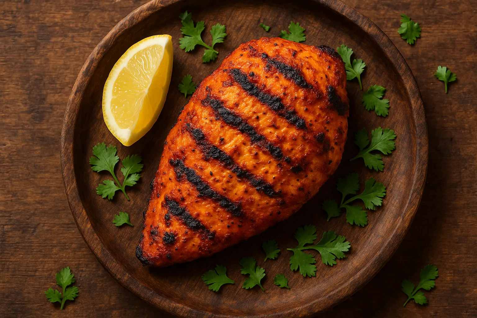 Blanc de poulet tandoori frais sur table rustique en bois - 165 calories pour 100 g