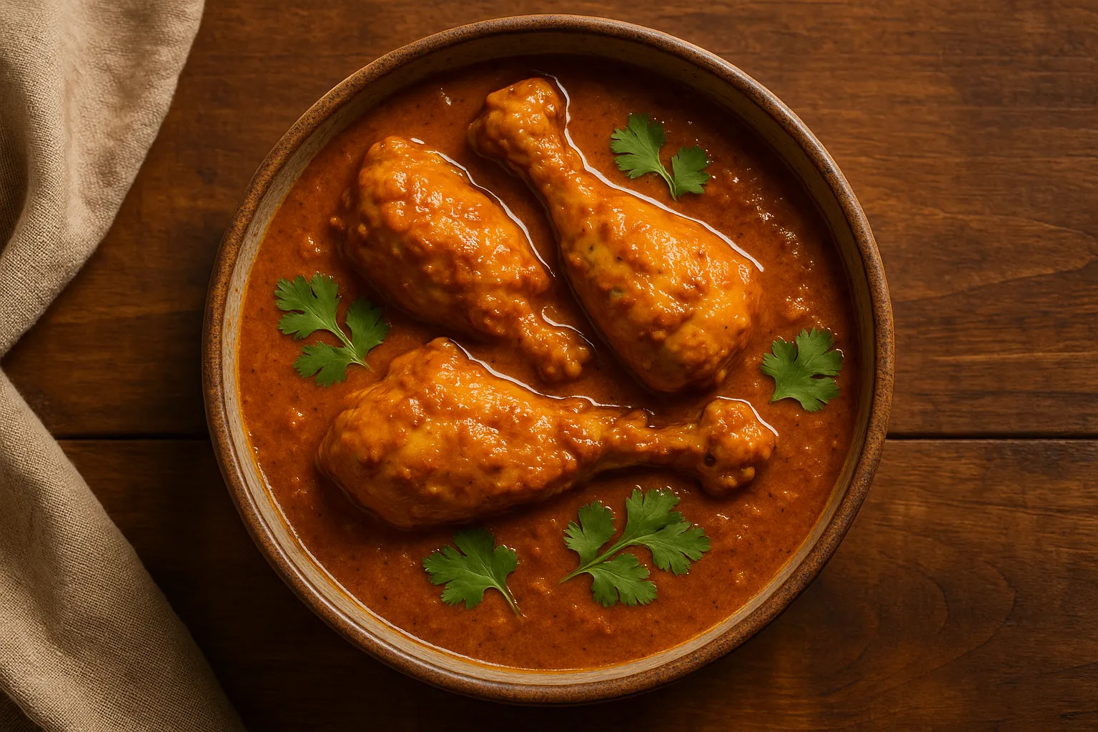 Fresh chicken curry on rustic wooden table - 125 calories per 100g