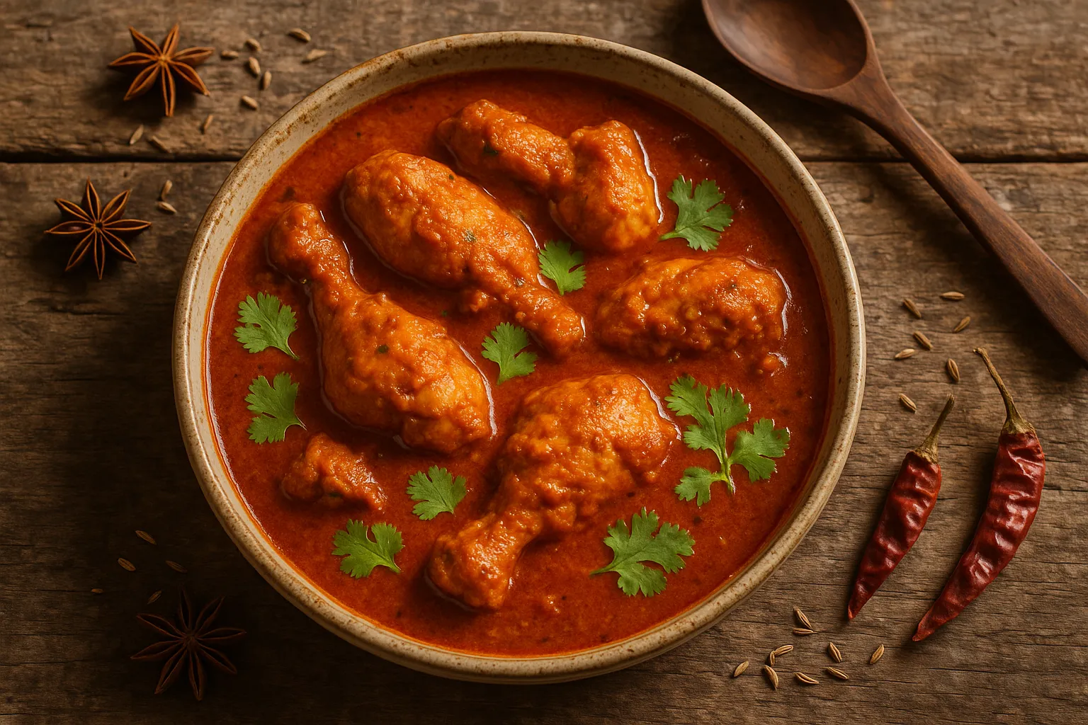 Fresh chicken masala on rustic wooden table - 165 calories per 100g