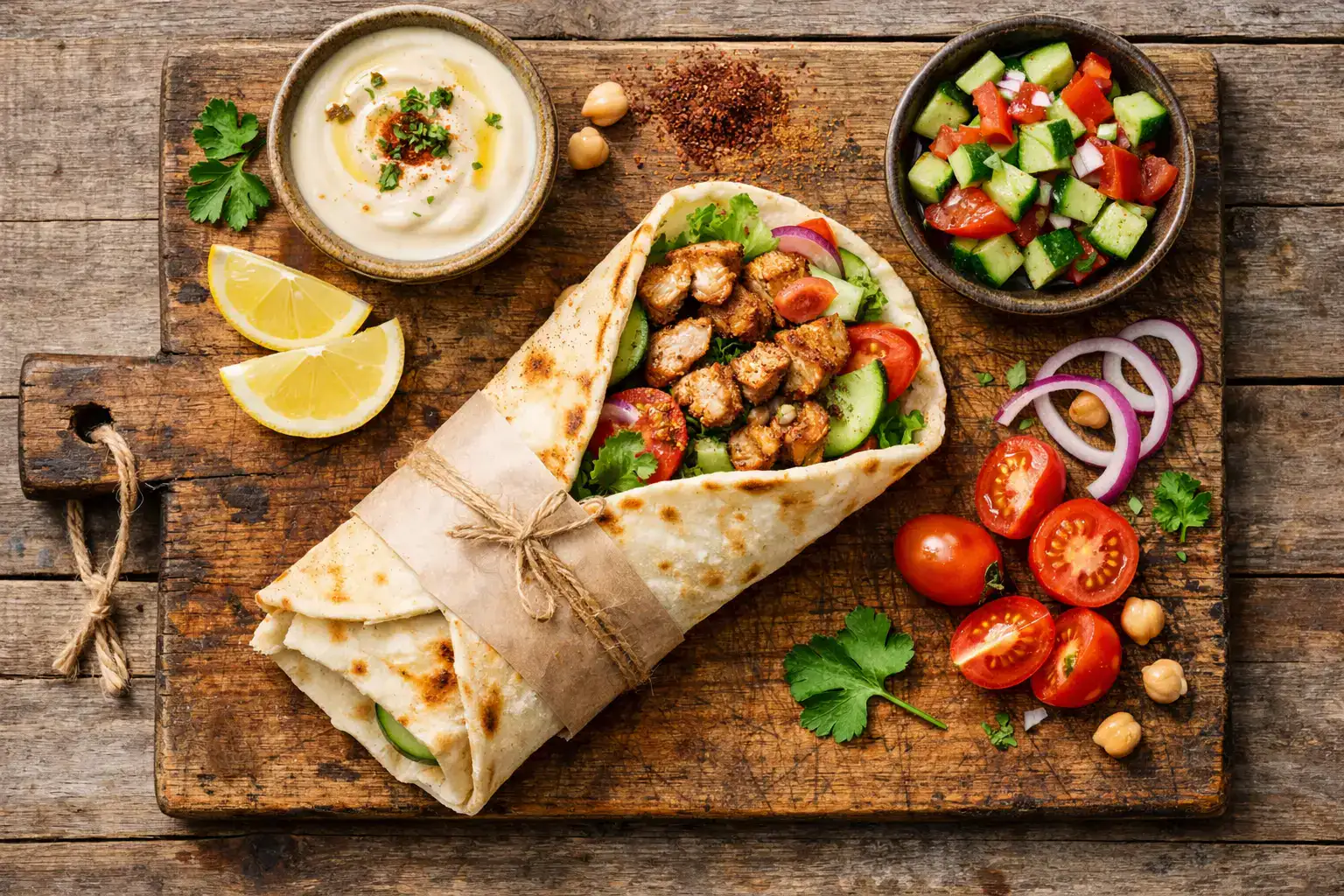 लकड़ी की मेज पर ताजा चिकन शावरमा रैप - प्रति रैप 420 कैलोरी