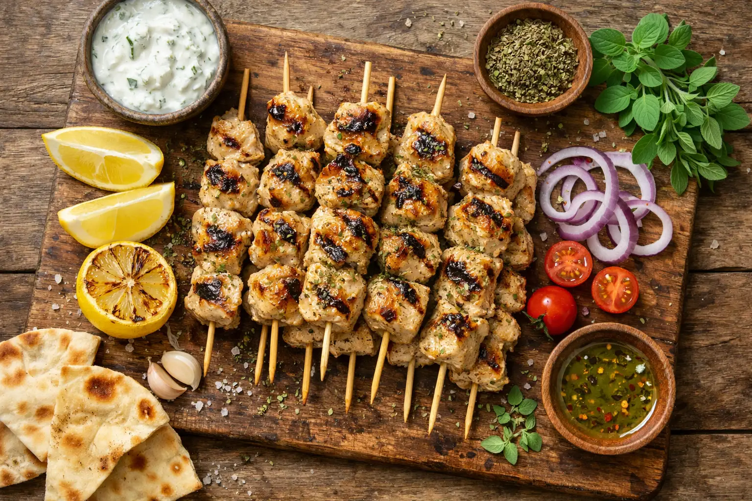 Fresh chicken souvlaki skewers on rustic wooden table - 180 calories per serving