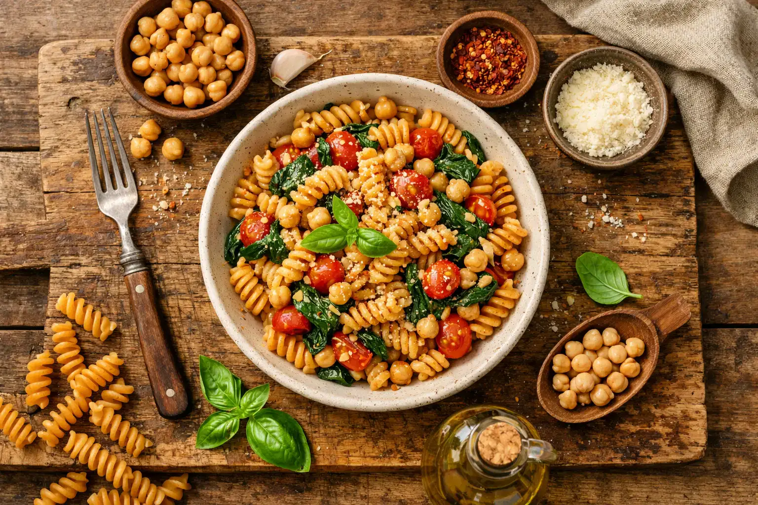 Frische Kichererbsen-Pasta auf rustikalem Holztisch - 190 Kalorien pro Portion