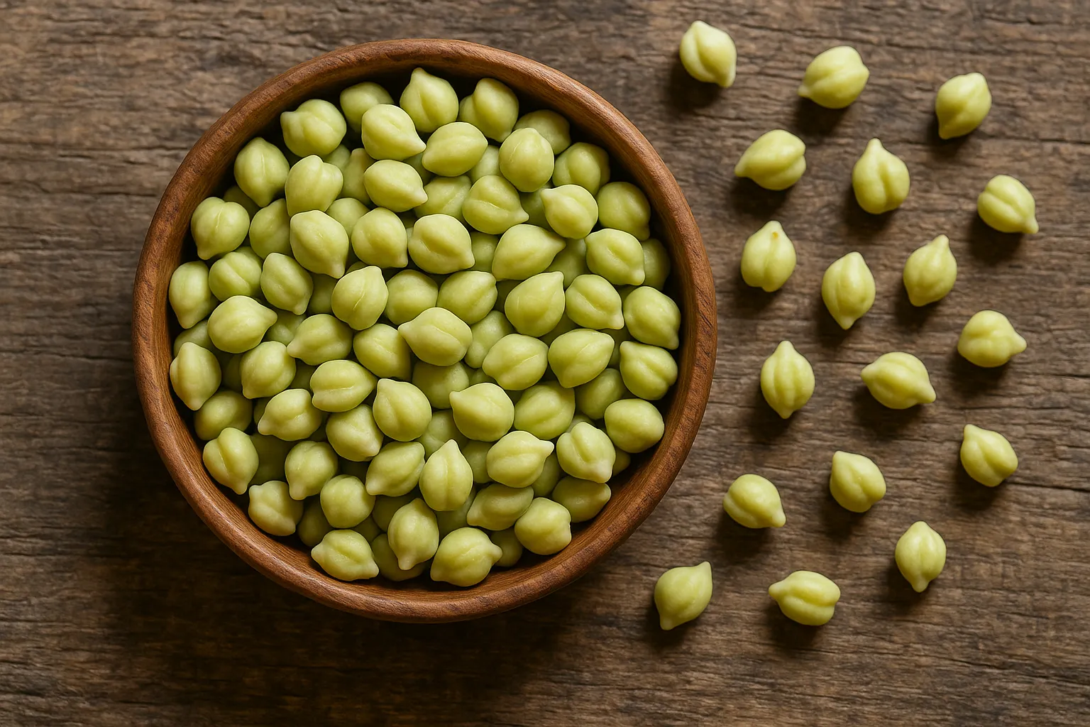 Garbanzos frescos en mesa rústica de madera - 164 calorías por 100 g