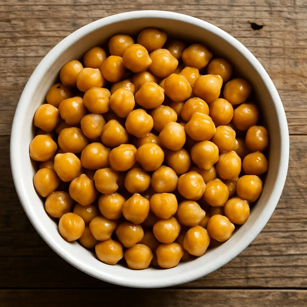 Fresh cooked chickpeas on rustic wooden table - 269 calories per cup