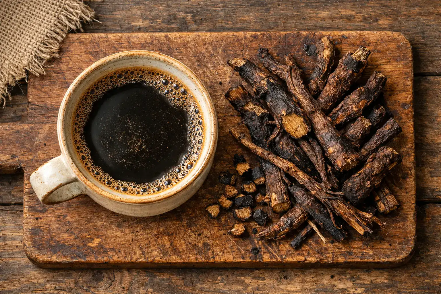 Café de chicorée frais dans une tasse en céramique sur table en bois rustique - 10 calories par tasse