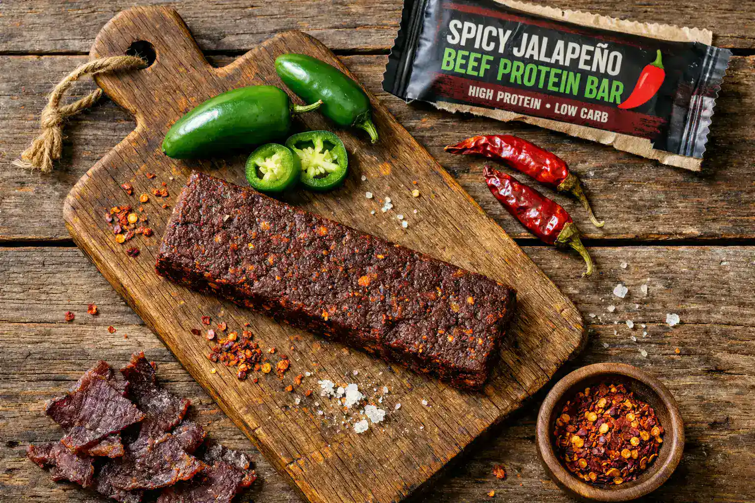 Chief Nutrition Beef Bar Jalapeno auf einem rustikalen Holztisch - 180 Kalorien pro Riegel