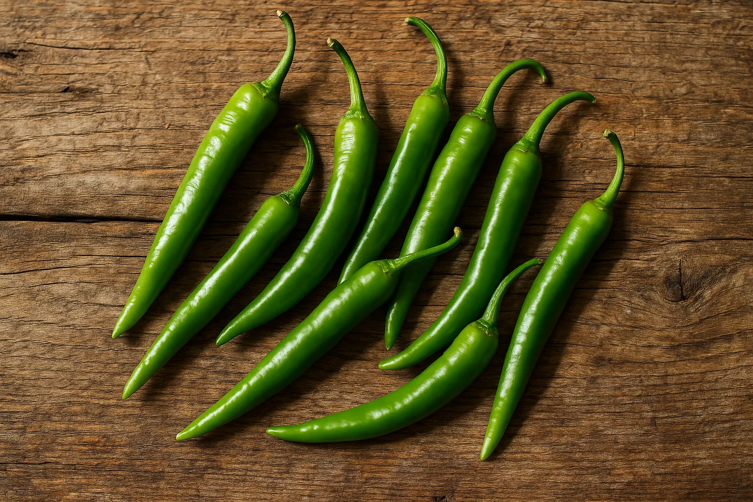 Fresh green chili on rustic wooden table - 40 calories per 100g
