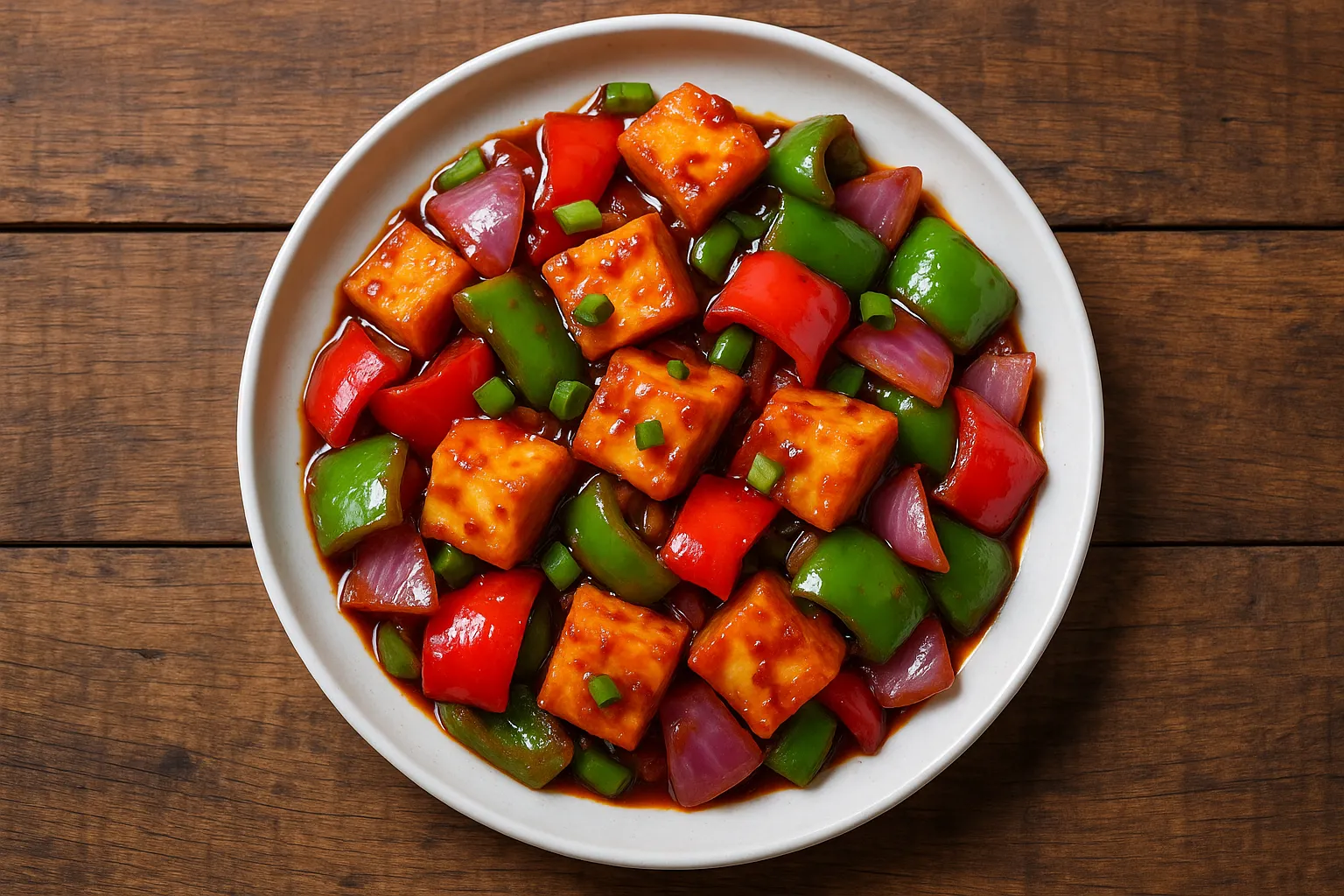 Fresh chili paneer on rustic wooden table - 280 calories per cup