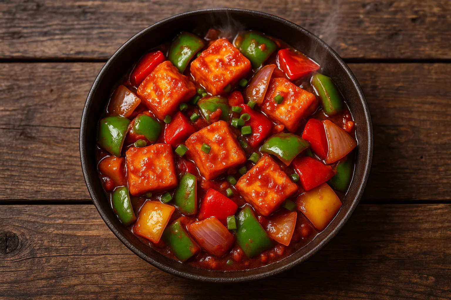 Frischer Chilli Paneer auf rustikalem Holztisch - 280 Kalorien pro Portion
