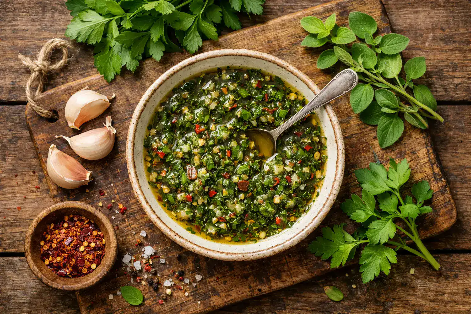 Frische Chimichurri-Sauce in Keramikschale auf rustikalem Holztisch - 80 Kalorien pro 2 Esslöffel
