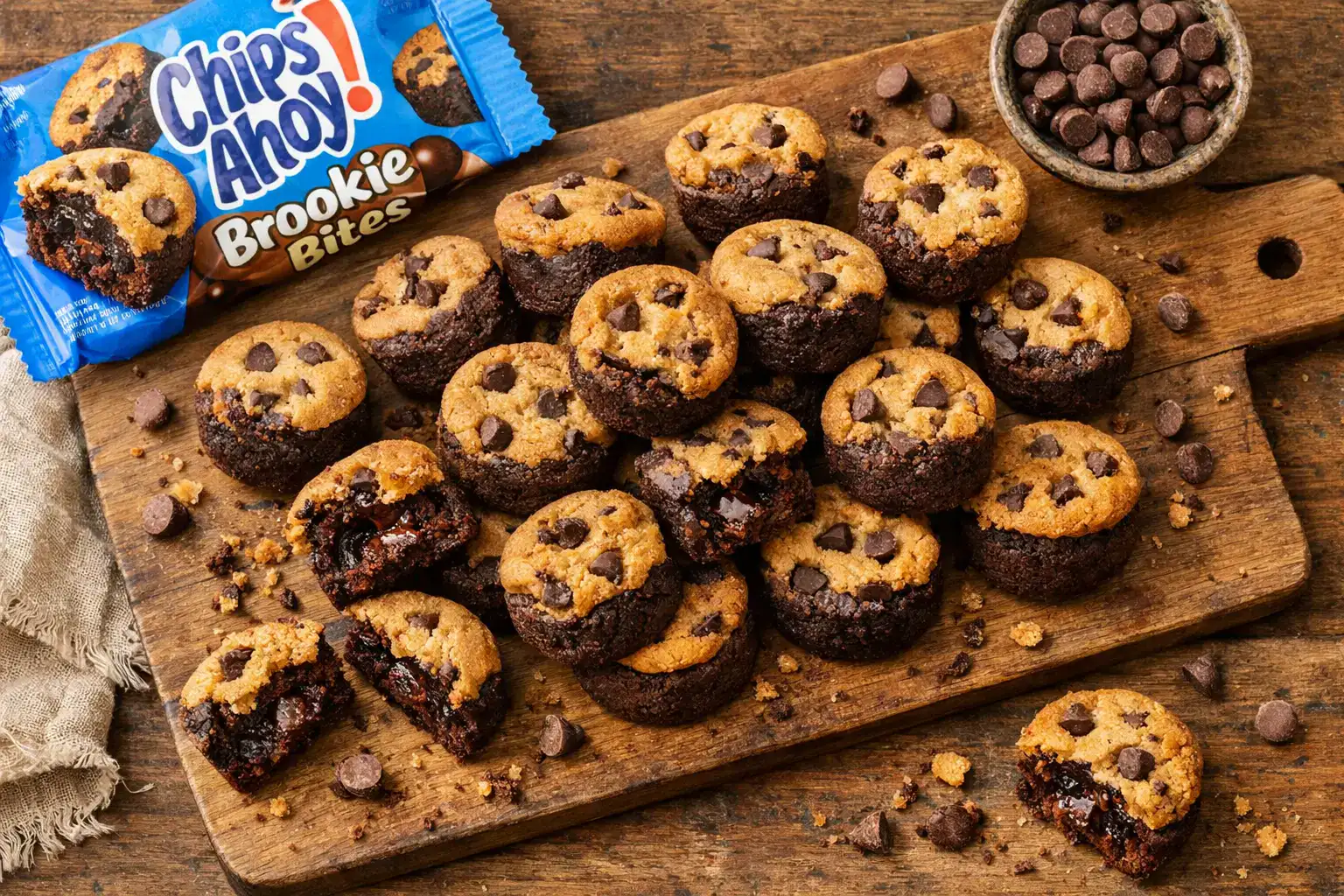 Fresh Chips Ahoy Brookie Bites on rustic wooden table - 180 calories per pack