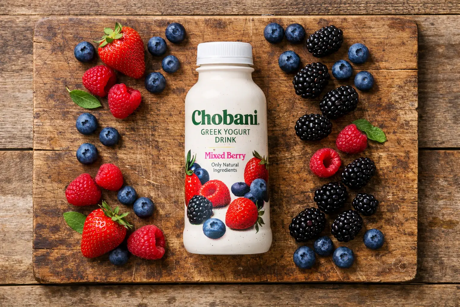 Fresh Chobani Complete Greek yogurt drink on rustic wooden table - 200 calories per bottle