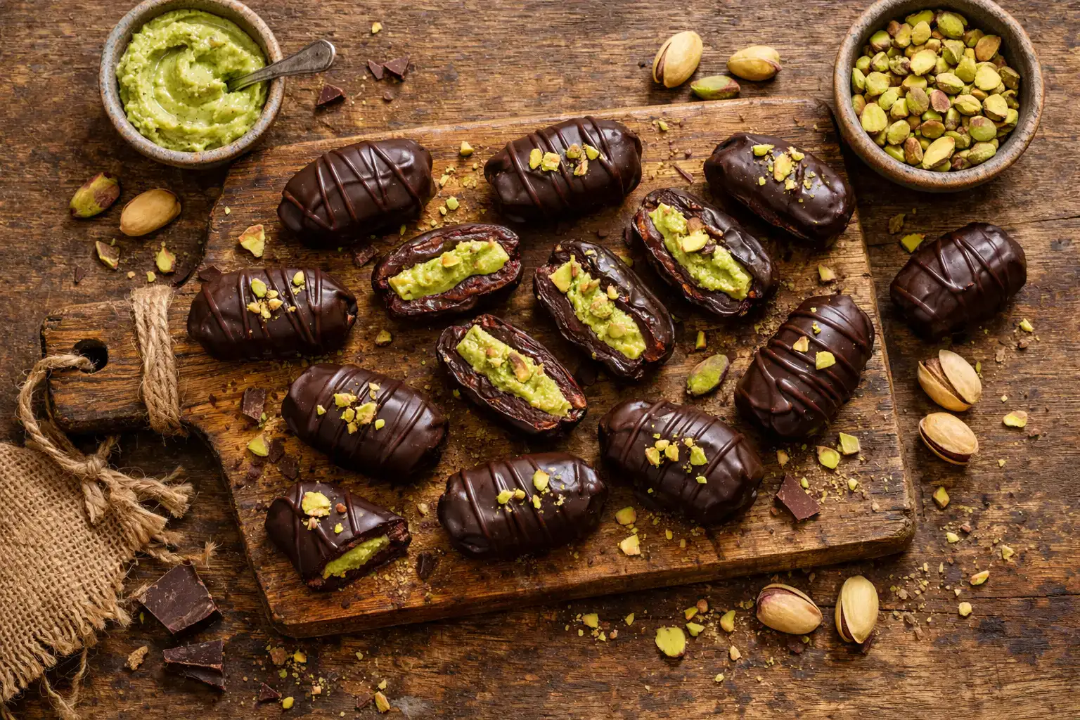 Dattes fraîches enrobées de chocolat sur une table en bois rustique - 90 calories par datte