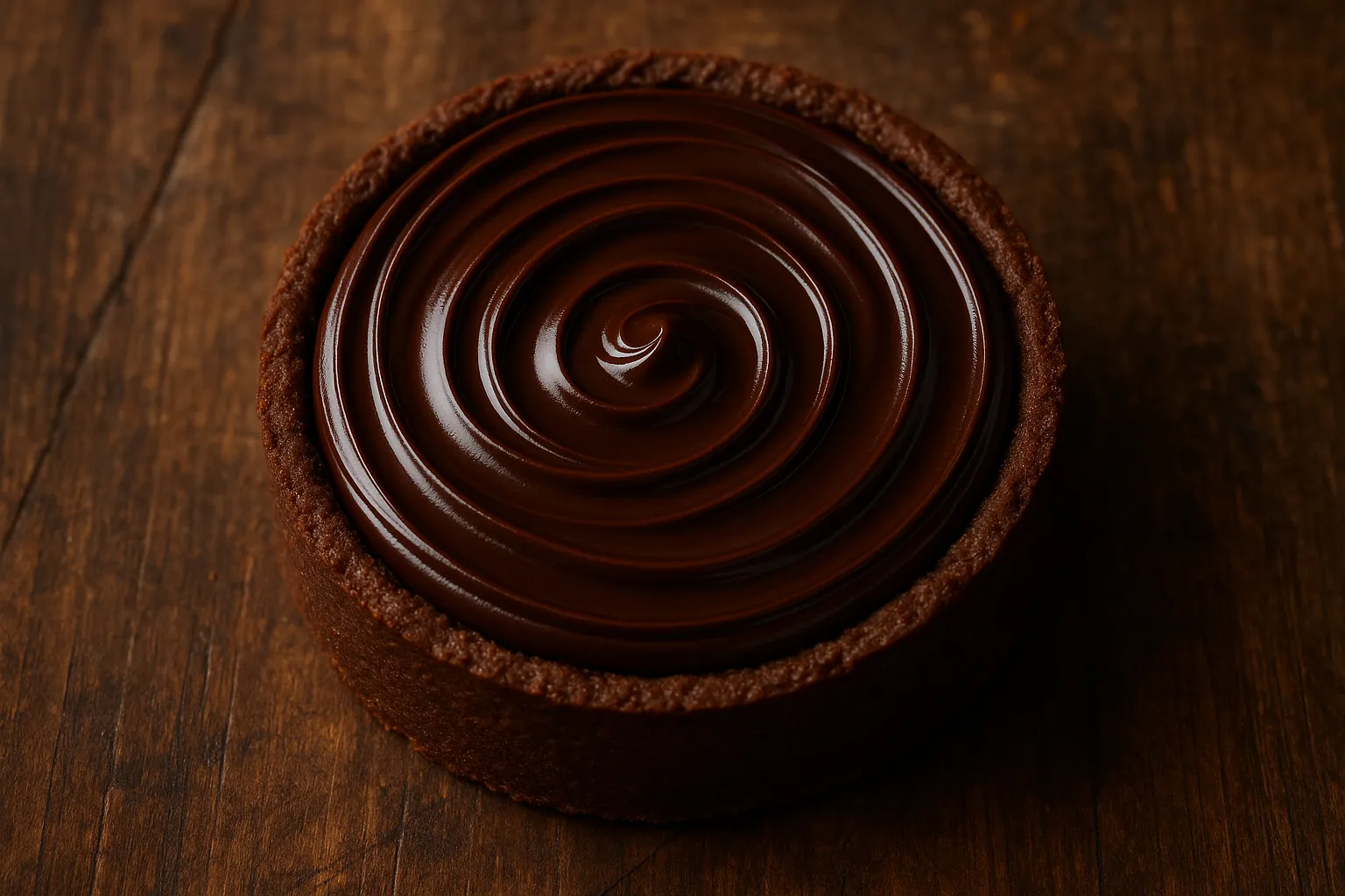Fresh chocolate pastry on rustic wooden table - 380 calories per piece