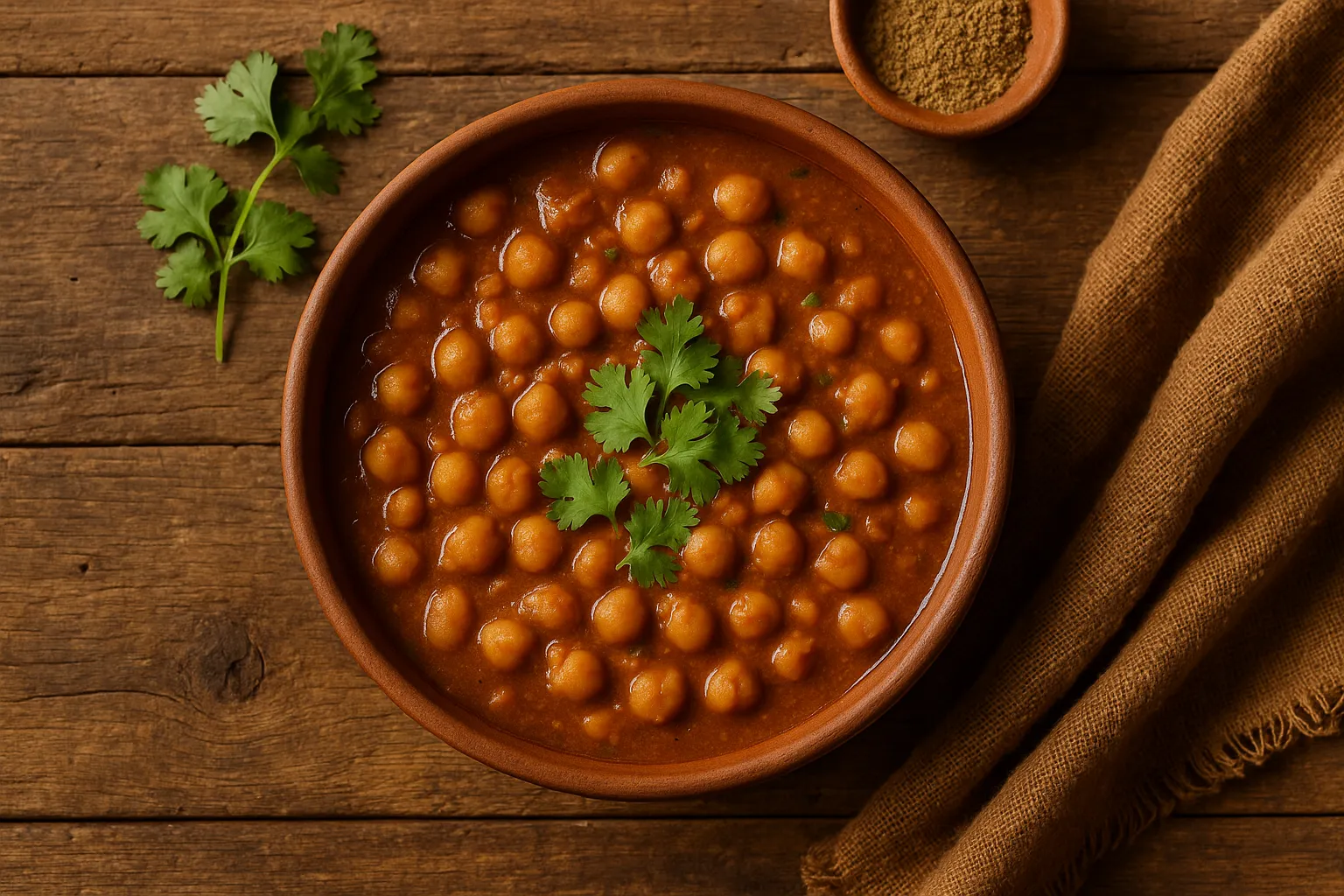 Fresh chole (chickpeas curry) in terracotta bowl on rustic wooden table - 270 calories per cup