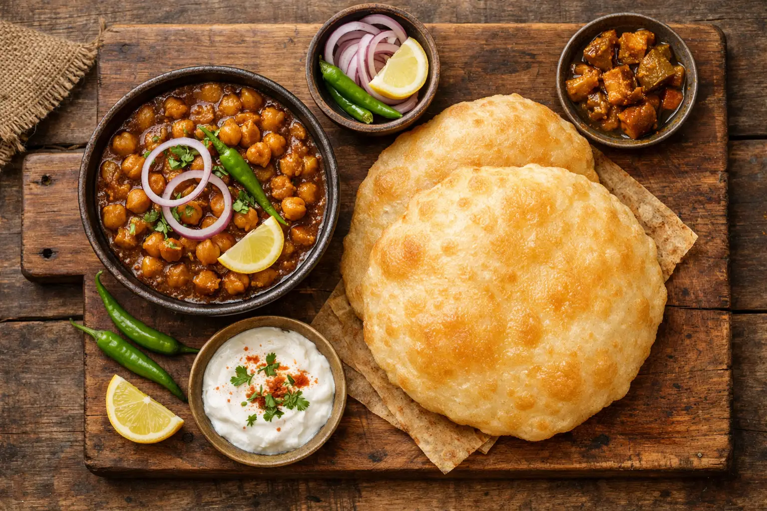 Frisches Chole Bhature auf rustikalem Holztisch - 550 Kalorien pro Portion