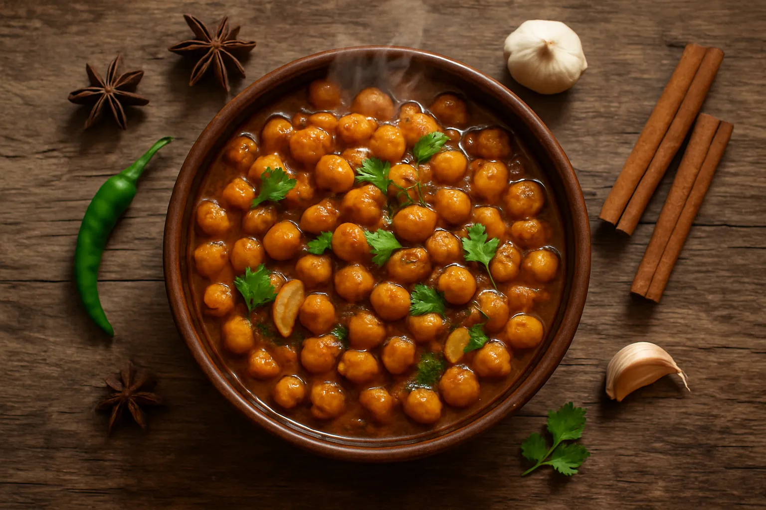 Schale mit gekochten Kichererbsen mit traditionellen indischen Gewürzen auf einem rustikalen Holztisch - 269 Kalorien pro Tasse
