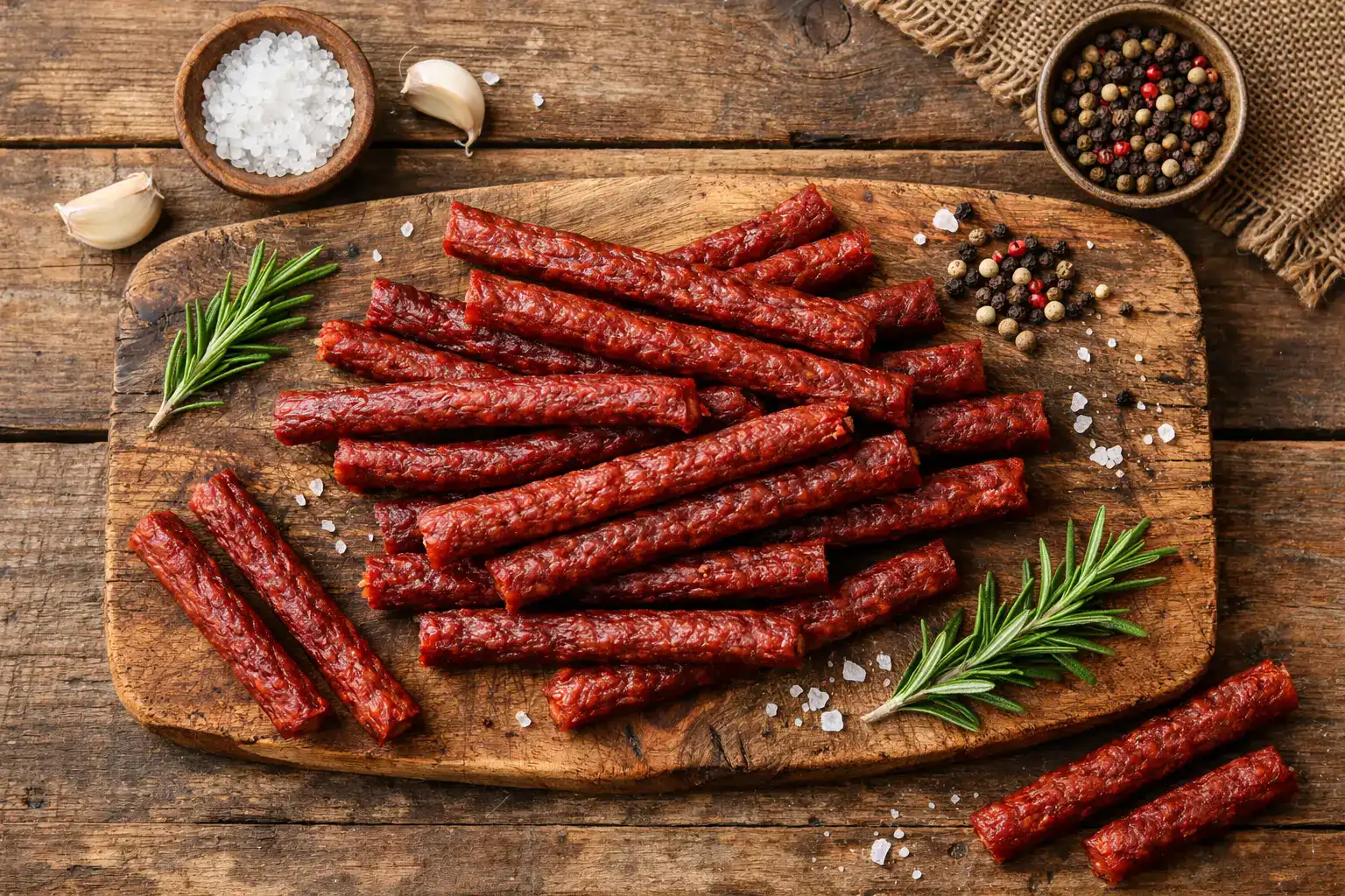 Fresh Chomps grass-fed beef sticks on rustic wooden board - 100 calories per stick