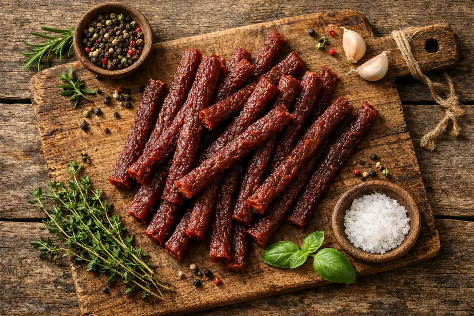 Chomps beef stick de res alimentada con pasto sobre mesa de madera rústica - 100 calorías por barra