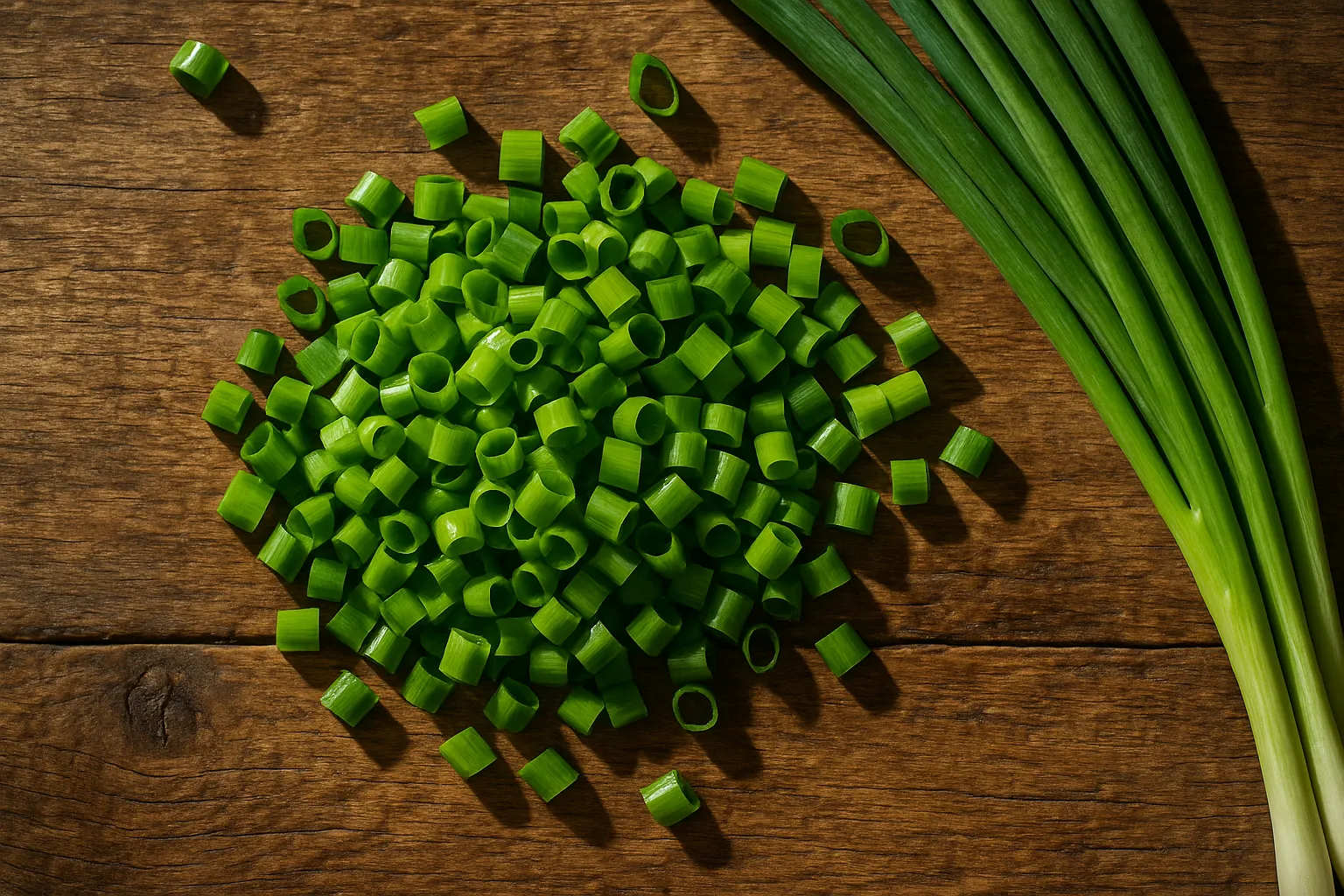 Fresh Cebollino Picados on rustic wooden table - 32 calories per cup