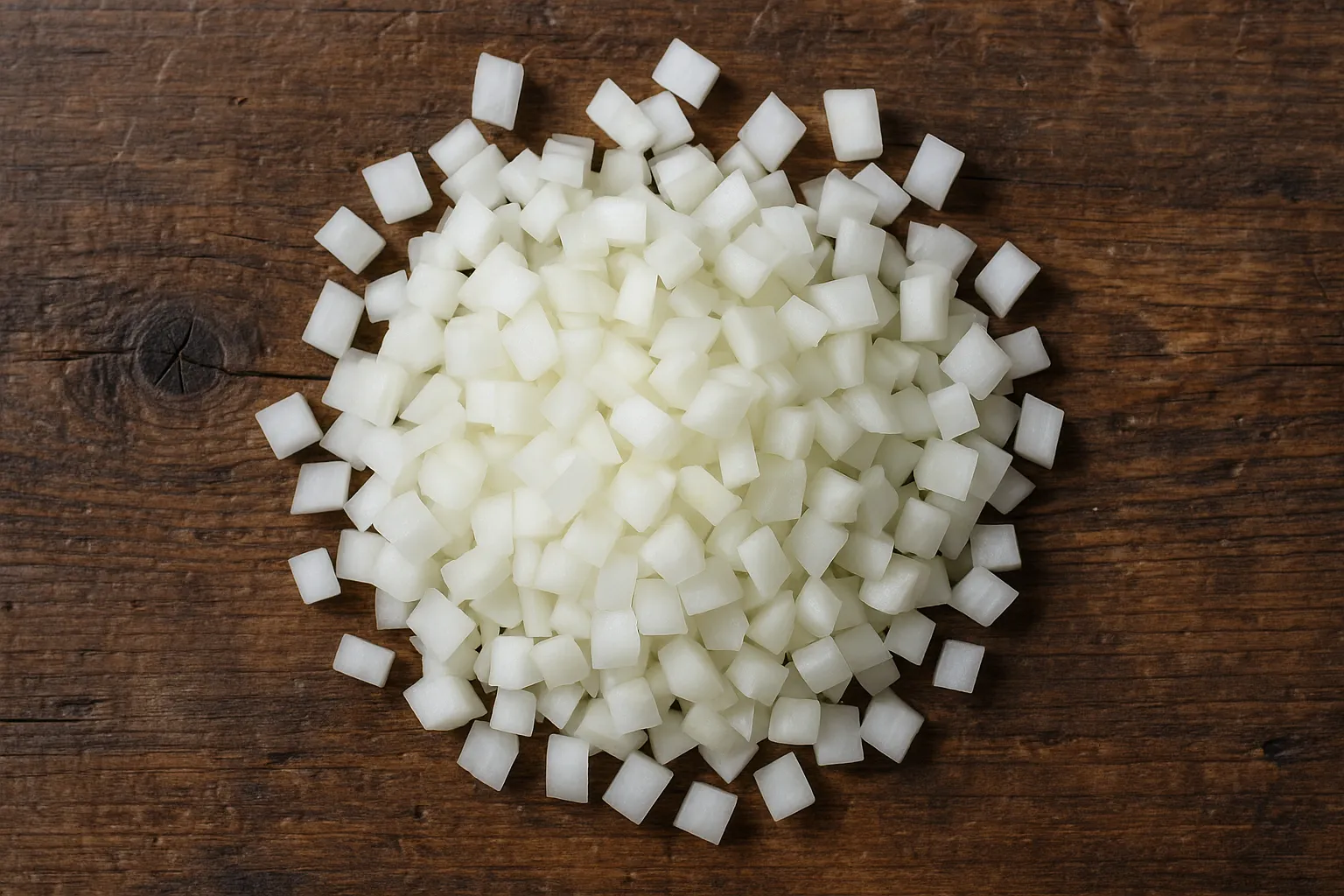 Oignon frais haché sur table rustique en bois - 32 calories par 1/2 tasse