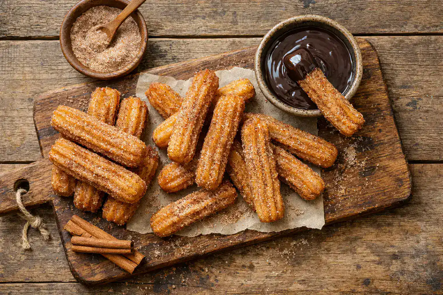 Fresh churros dusted with cinnamon sugar on rustic wooden table - 189 calories per churro