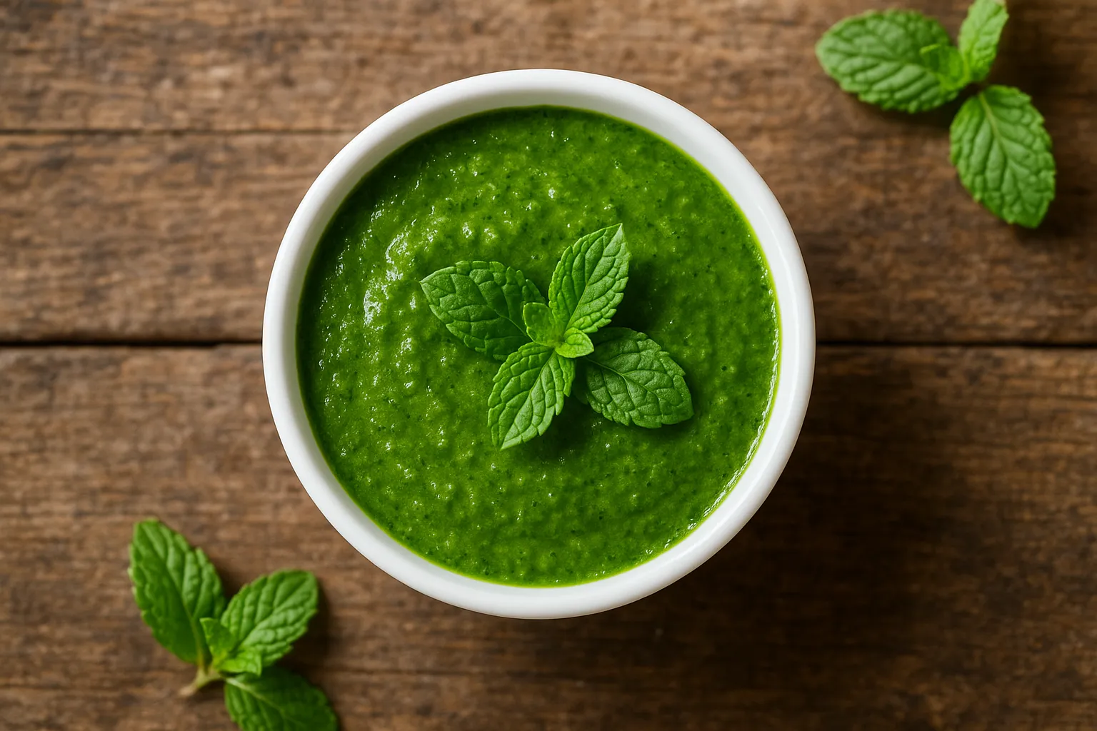Fresh green chutney on rustic wooden table - 68 calories per 100g