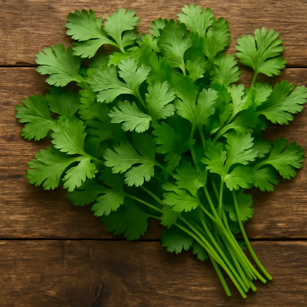 Fresco Cilantro leaves on rustic wooden table - 1 calorie per 4g porción