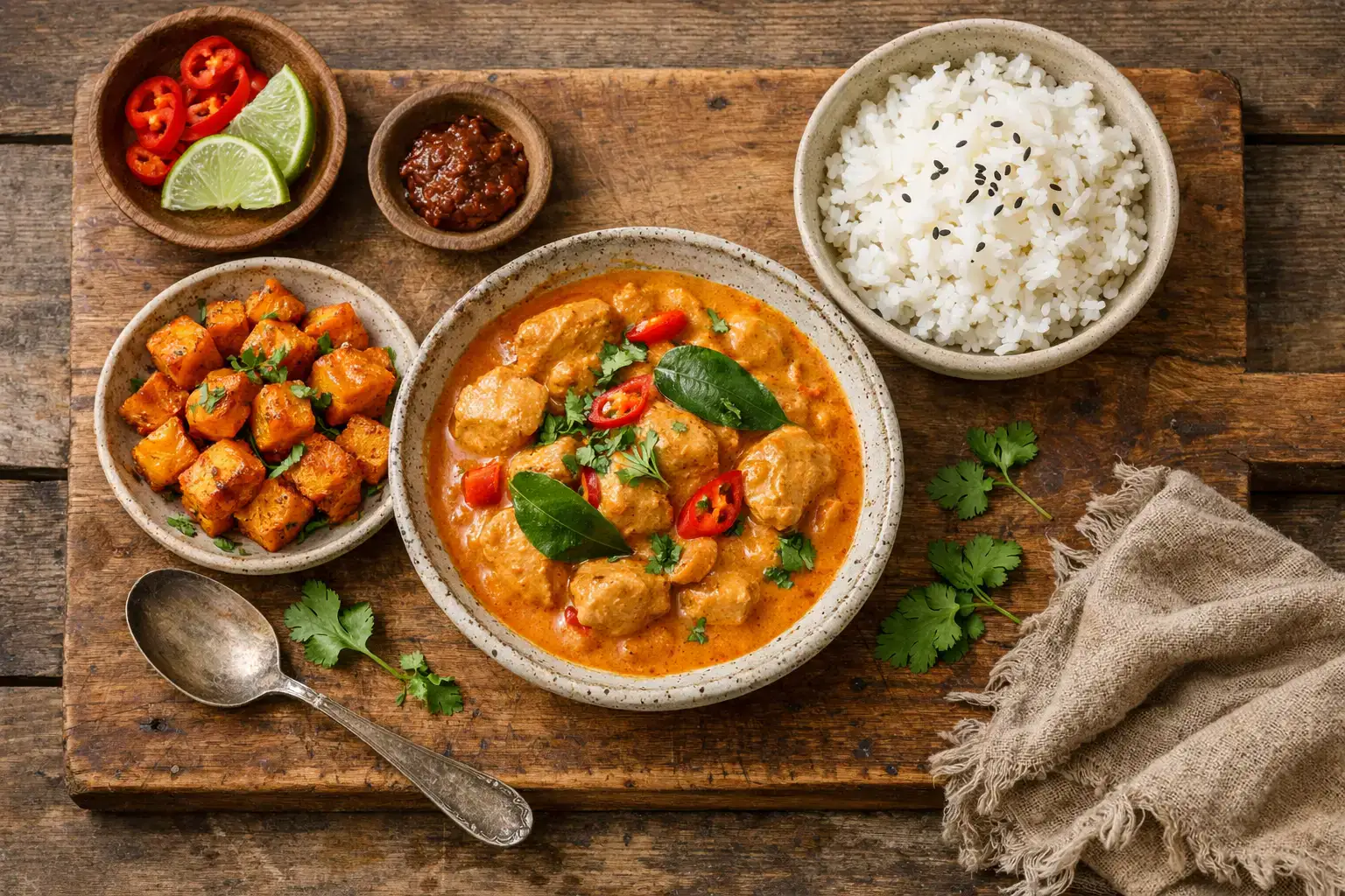 Mini repas de chicken penang curry frais sur table rustique en bois - 349 calories par paquet