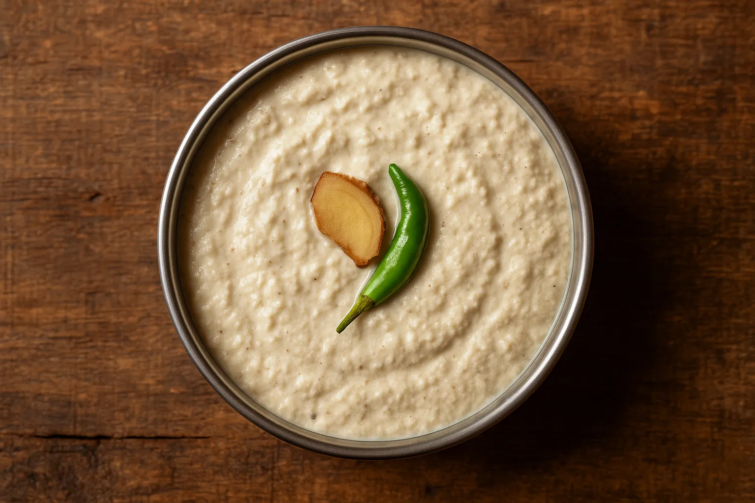 Fresh coconut chutney in traditional bowl - 120 calories per serving