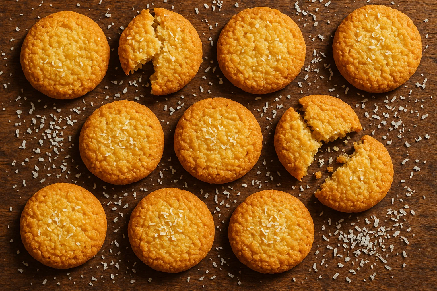 Galleta fresca de coco en mesa de madera rústica - 150 calorías por galleta