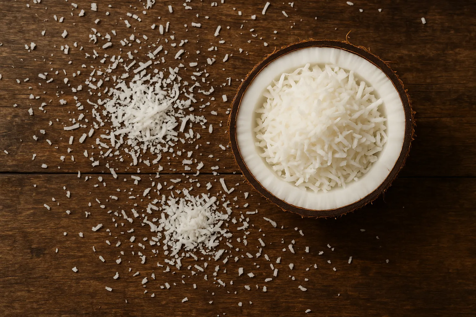 Frische Kokosraspeln auf rustikalem Holztisch - 187 Kalorien pro 28g Portion