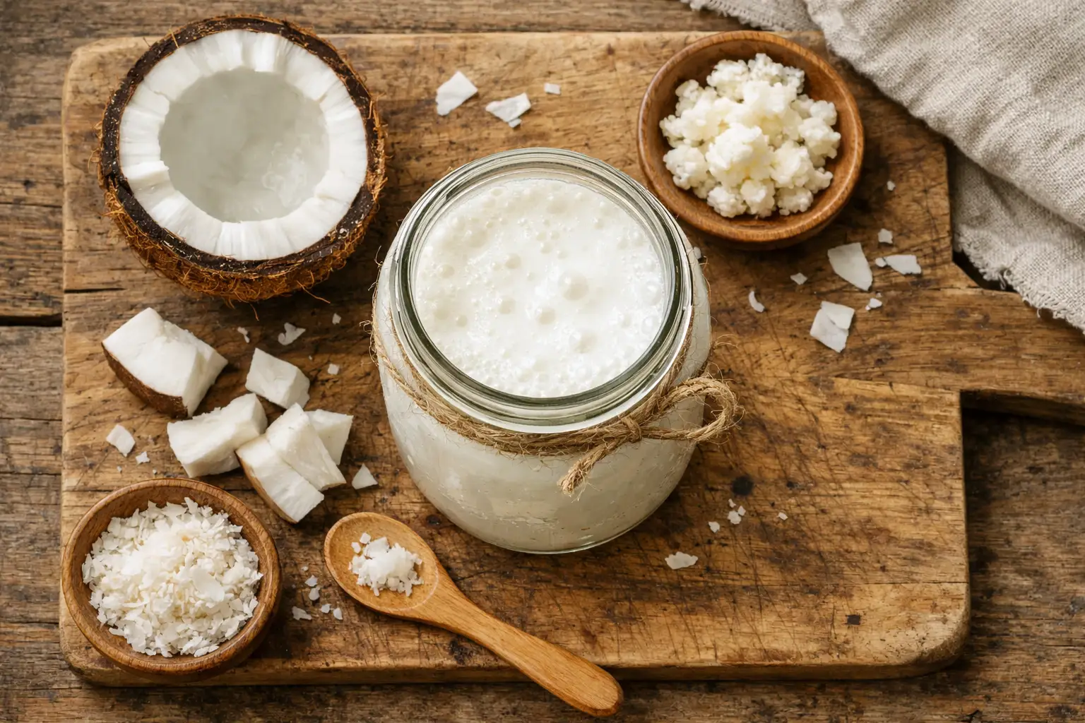 ताजा कोकोनट केफिर लकड़ी की मेज पर - 80 कैलोरी प्रति कप