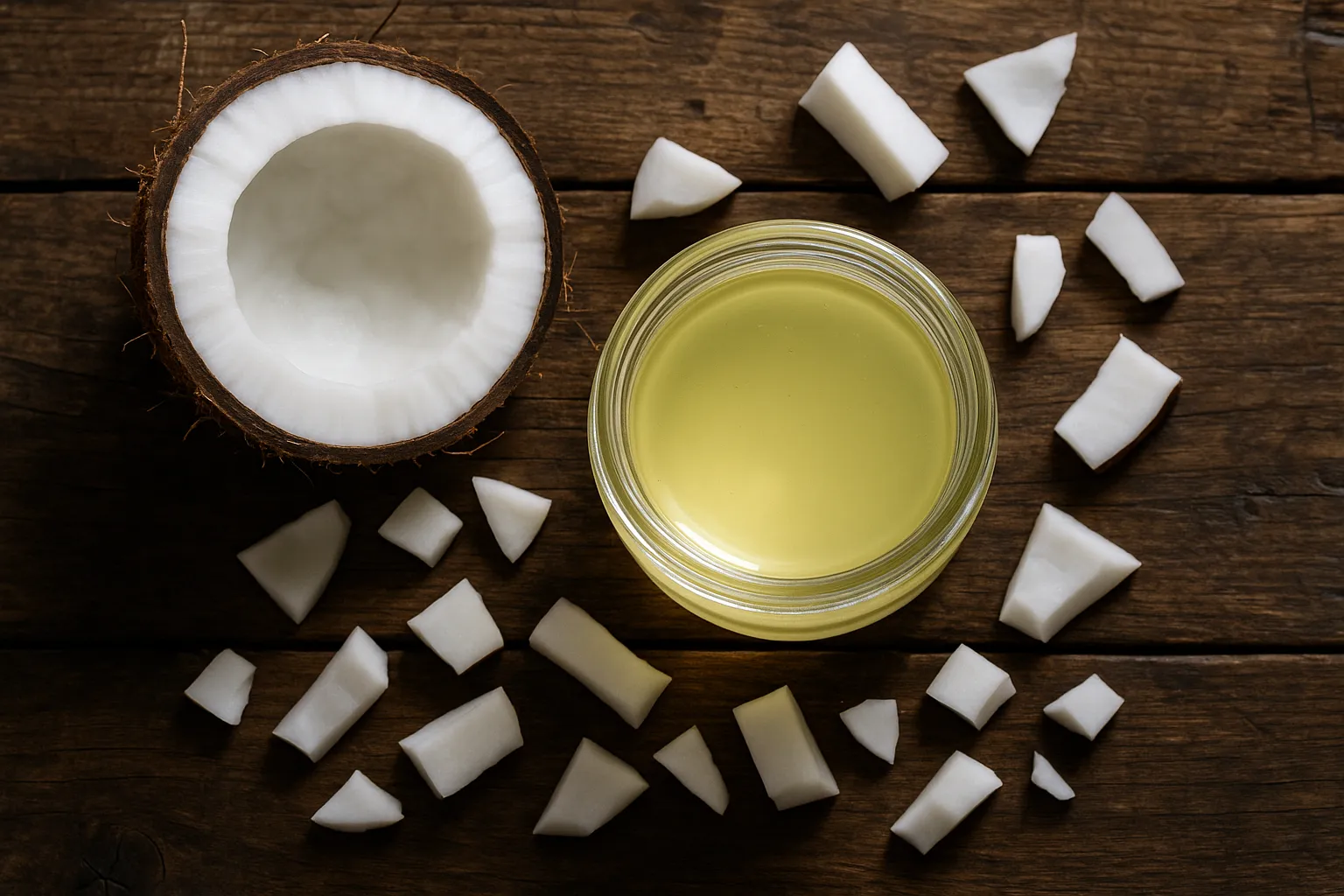 Fresh coconut oil on rustic wooden table - 120 calories per tablespoon