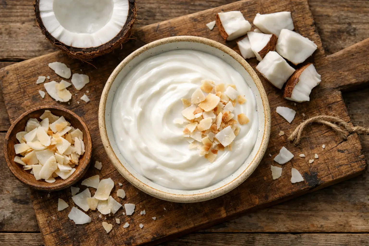 रस्टिक लकड़ी की टेबल पर सिरैमिक बाउल में ताज़ा कोकोनट योगर्ट - 150g सर्विंग में 140 कैलोरी