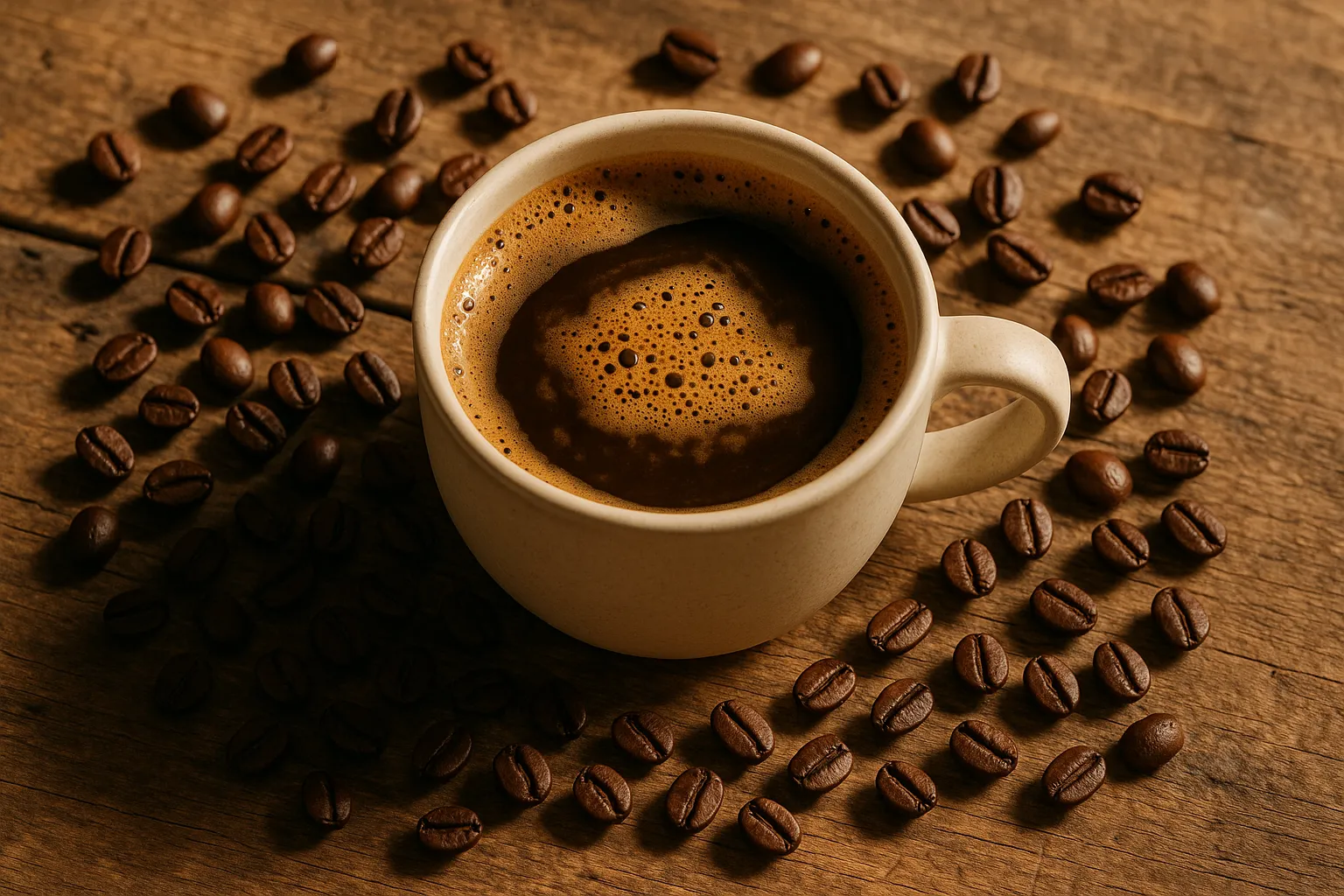 Fresh brewed coffee on rustic wooden table - 2 calories per cup