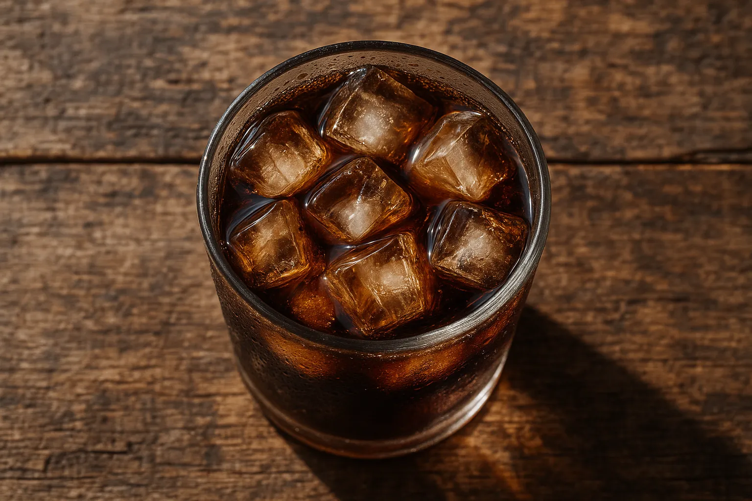 Cola frais avec glaçons sur table en bois rustique - 139 calories par canette