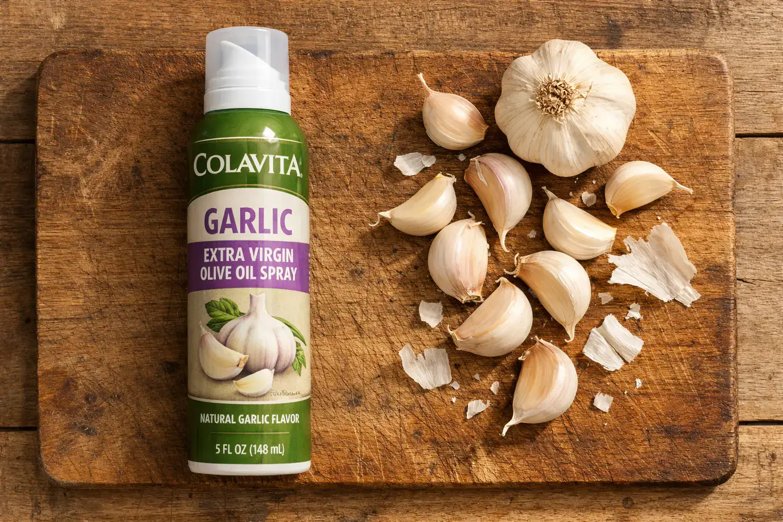 रस्टिक लकड़ी की टेबल पर ताजा Colavita Garlic EVOO Spray - प्रति स्प्रे 0 कैलोरी