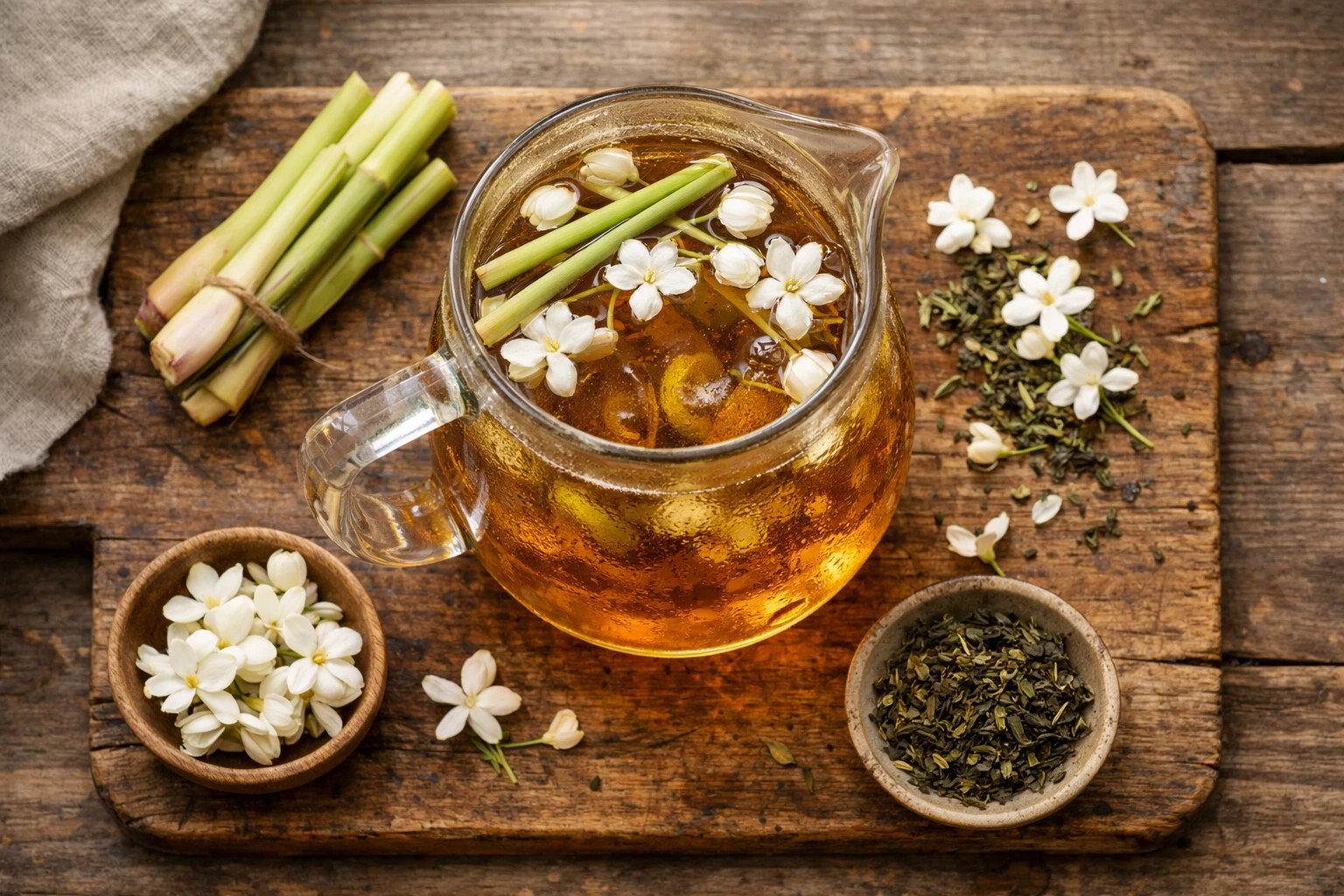 Té frío infusionado en jarra de vidrio con hierba de limón y jazmín sobre mesa de madera rústica - 5 calorías por taza
